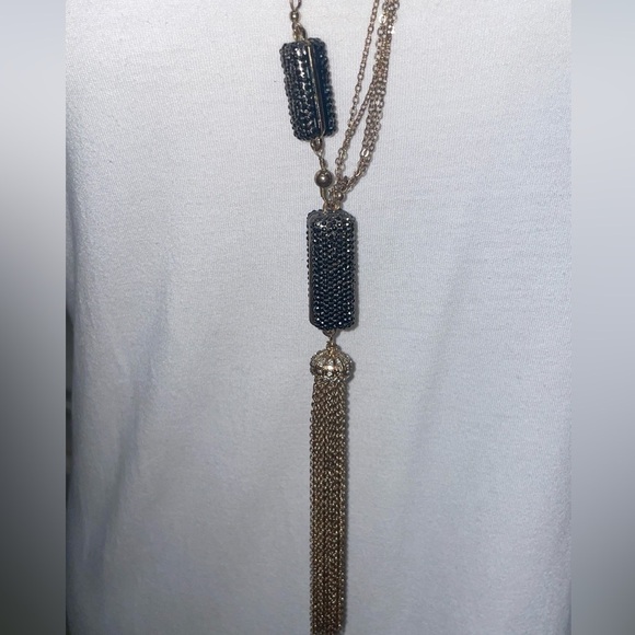 Hematite Encrusted Long Tassel Necklace with Cuff Bracelet Elegant Silver Gold - Picture 8 of 15
